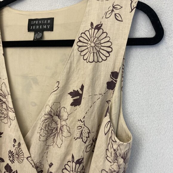 Spenser Jeremy Linen Wrap Dress Womens 12 Floral Sleeveless Knee Length Neutral - Picture 9 of 12